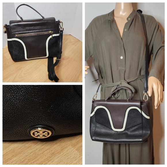 Tory Burch Handbags - Tory Burch 797 Black Brown Leather Crossbody Satchel Bag